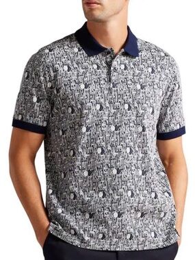 Ted Baker London Coreo Knit Polo Golf Shirt Men’s 5 Geometric Print Navy Blue